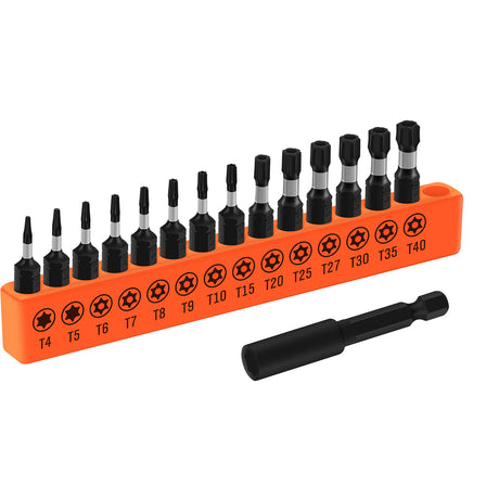 HORUSDY 15-piece Torx screwdriver bit set with S2 steel construction, includes T4–T40 bits and 60mm magnetic bit holder, ideal for precision repair tasks.