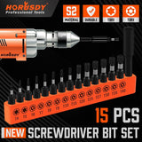 HORUSDY 15-piece Torx screwdriver bit set with S2 steel construction, includes T4–T40 bits and 60mm magnetic bit holder, ideal for precision repair tasks.