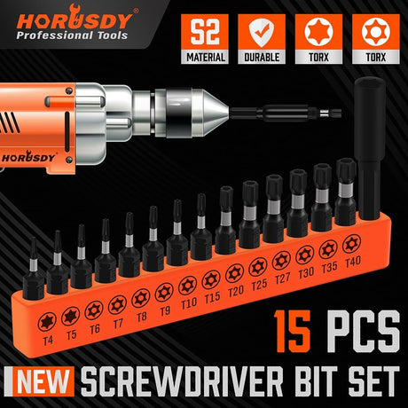 HORUSDY 15-piece Torx screwdriver bit set with S2 steel construction, includes T4–T40 bits and 60mm magnetic bit holder, ideal for precision repair tasks.