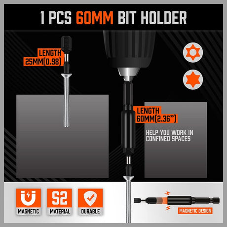 HORUSDY 15-piece Torx screwdriver bit set with S2 steel construction, includes T4–T40 bits and 60mm magnetic bit holder, ideal for precision repair tasks.