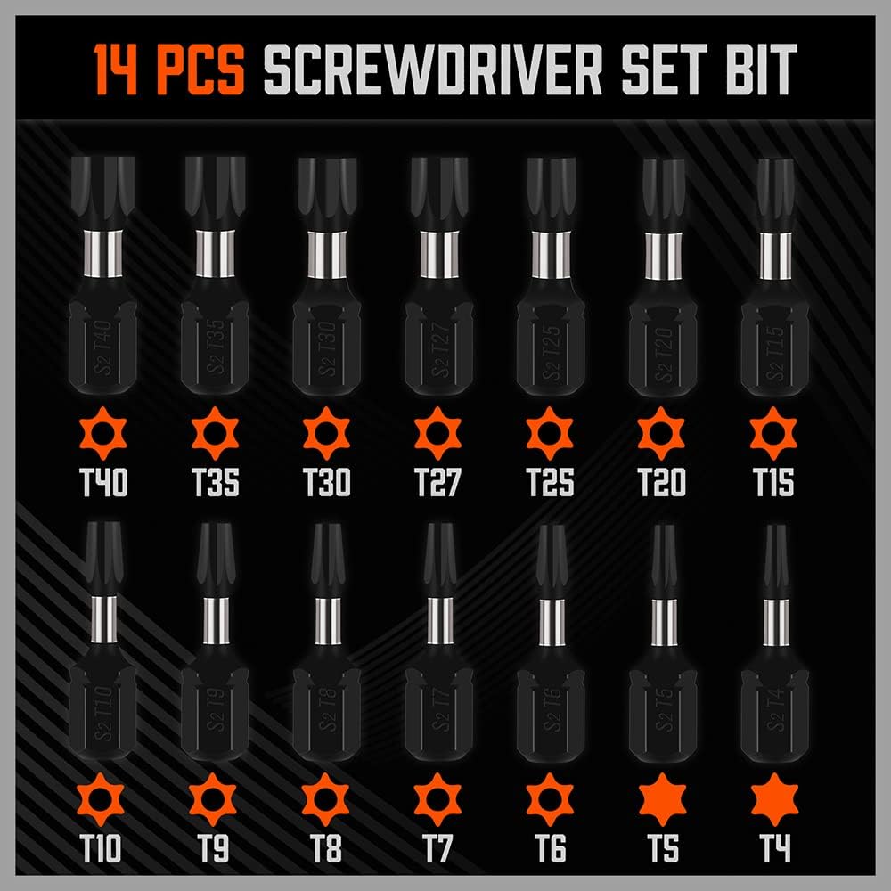 HORUSDY 15-piece Torx screwdriver bit set with S2 steel construction, includes T4–T40 bits and 60mm magnetic bit holder, ideal for precision repair tasks.