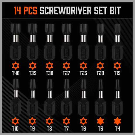 HORUSDY 15-piece Torx screwdriver bit set with S2 steel construction, includes T4–T40 bits and 60mm magnetic bit holder, ideal for precision repair tasks.