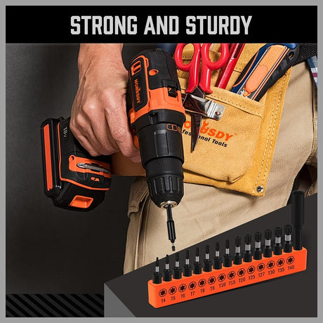HORUSDY 15-piece Torx screwdriver bit set with S2 steel construction, includes T4–T40 bits and 60mm magnetic bit holder, ideal for precision repair tasks.