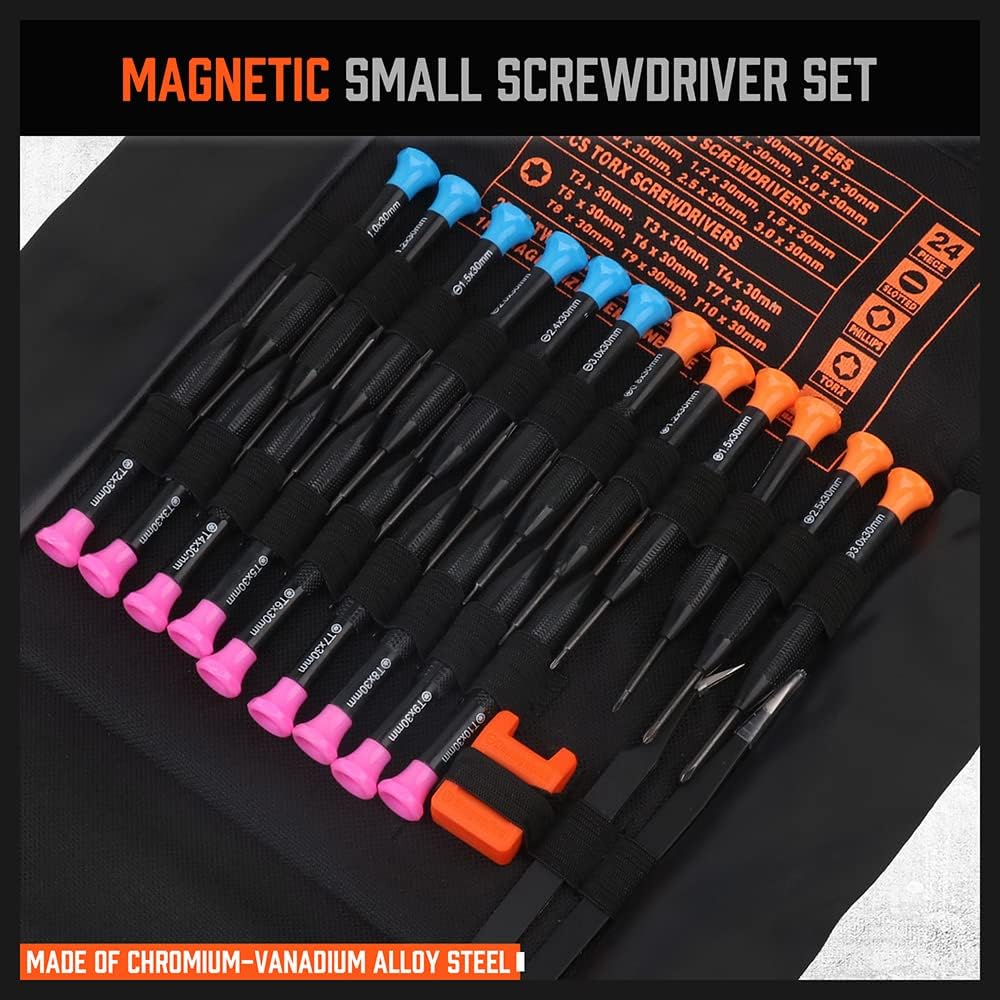 HORUSDY 24-piece precision magnetic screwdriver set with mini Torx, Phillips, and flathead tips, CR-V steel, tweezers, and magnetizer in roll-up case