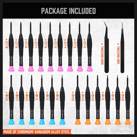 HORUSDY 24-piece precision magnetic screwdriver set with mini Torx, Phillips, and flathead tips, CR-V steel, tweezers, and magnetizer in roll-up case