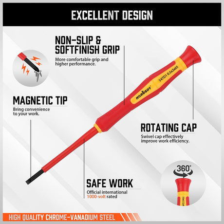 HORUSDY VDE 1000V insulated precision screwdriver set with magnetic tips and ergonomic handles for electrical and electronics repair