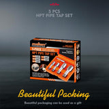HORUSDY 5-piece carbon steel NPT pipe tap set with orange storage case for threading cast iron, aluminum, brass, and plastic