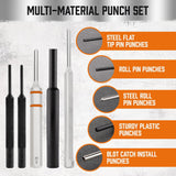 HORUSDY 23-piece gunsmith hammer and punch set with magnetic bench block and multi-material punch tips in orange storage case.