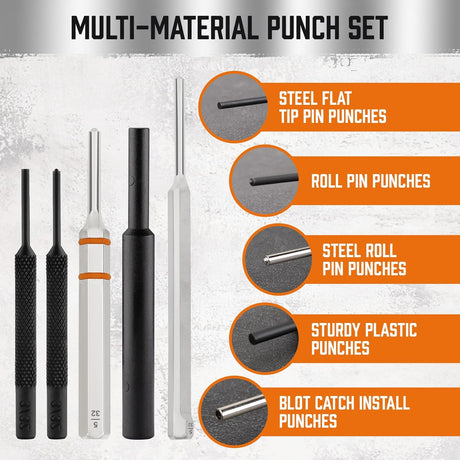 HORUSDY 23-piece gunsmith hammer and punch set with magnetic bench block and multi-material punch tips in orange storage case.