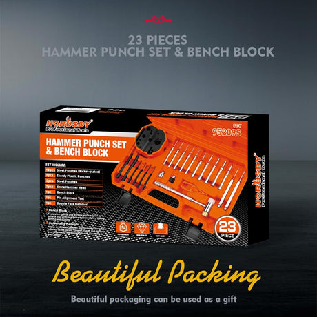 HORUSDY 23-piece gunsmith hammer and punch set with magnetic bench block and multi-material punch tips in orange storage case.