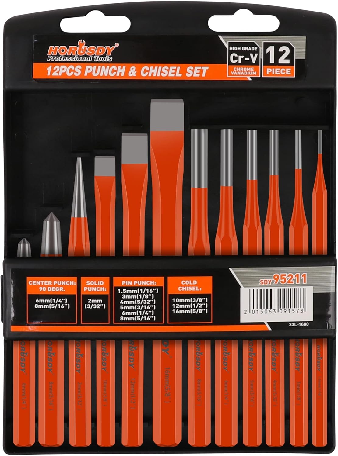 HORUSDY 12-piece CR-V punch and chisel set with cold chisels, pin punches, center punch, and storage box for metalworking and construction.