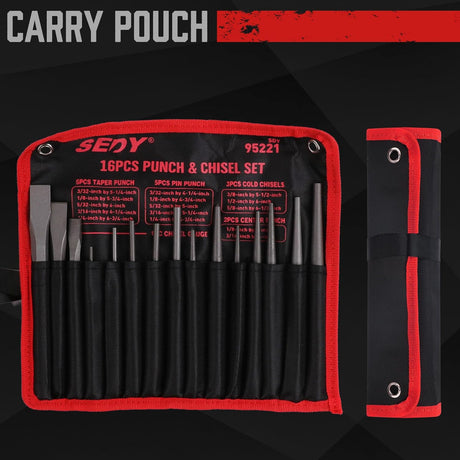 SEDY 16-Piece Punch and Chisel Set with CR-V Steel Construction, Heavy-Duty Design, High Rockwell Hardness, and Convenient Carry Pouch