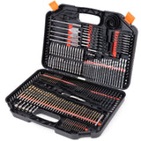 246-piece drill bit set with CR-V, HSS, and carbon steel bits for wood, metal, masonry, and plastic with portable black toolbox