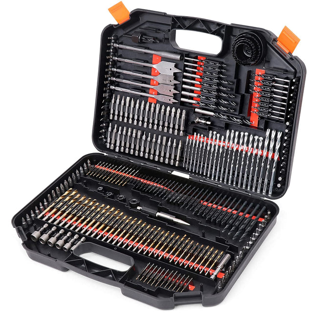 246-piece drill bit set with CR-V, HSS, and carbon steel bits for wood, metal, masonry, and plastic with portable black toolbox