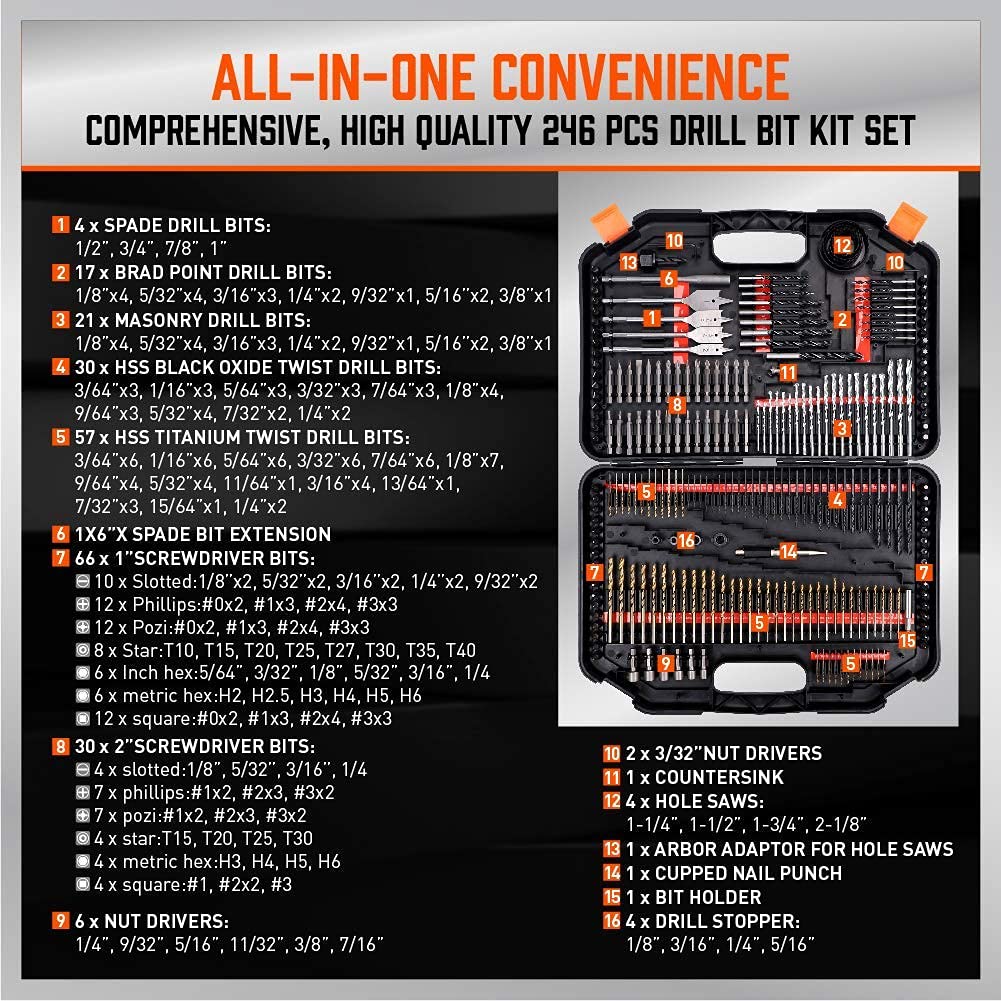 246-piece drill bit set with CR-V, HSS, and carbon steel bits for wood, metal, masonry, and plastic with portable black toolbox