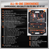 246-piece drill bit set with CR-V, HSS, and carbon steel bits for wood, metal, masonry, and plastic with portable black toolbox