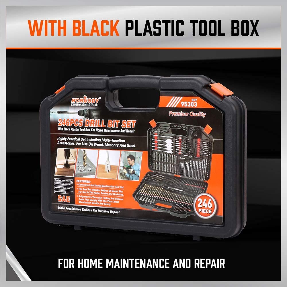 246-piece drill bit set with CR-V, HSS, and carbon steel bits for wood, metal, masonry, and plastic with portable black toolbox