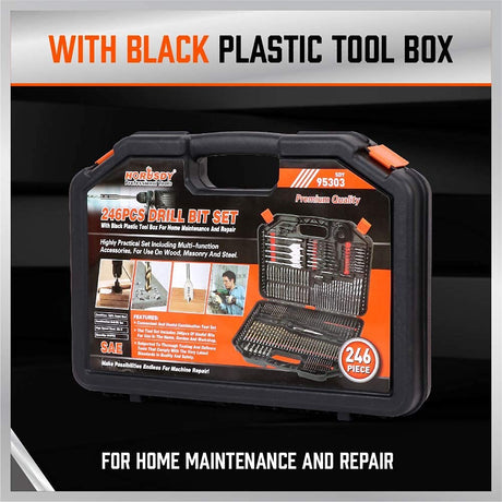246-piece drill bit set with CR-V, HSS, and carbon steel bits for wood, metal, masonry, and plastic with portable black toolbox
