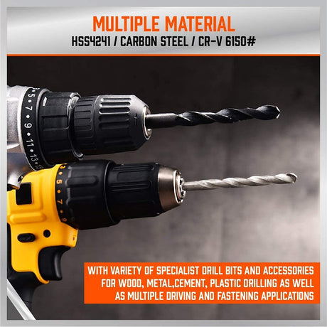 246-piece drill bit set with CR-V, HSS, and carbon steel bits for wood, metal, masonry, and plastic with portable black toolbox