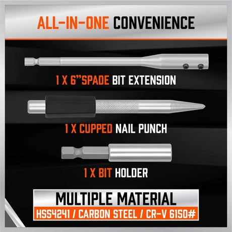 246-piece drill bit set with CR-V, HSS, and carbon steel bits for wood, metal, masonry, and plastic with portable black toolbox