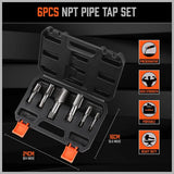 6-piece HORUSDY NPT pipe tap set with carbon steel construction, includes SAE sizes 1/8" to 1", in durable storage case.