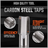 6-piece HORUSDY NPT pipe tap set with carbon steel construction, includes SAE sizes 1/8" to 1", in durable storage case.
