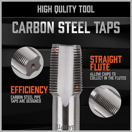 6-piece HORUSDY NPT pipe tap set with carbon steel construction, includes SAE sizes 1/8" to 1", in durable storage case.