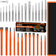 HORUSDY 28-piece punch and chisel set with heavy-duty CR-V steel construction, chisel angle gauge, and durable roll-up canvas pouch.