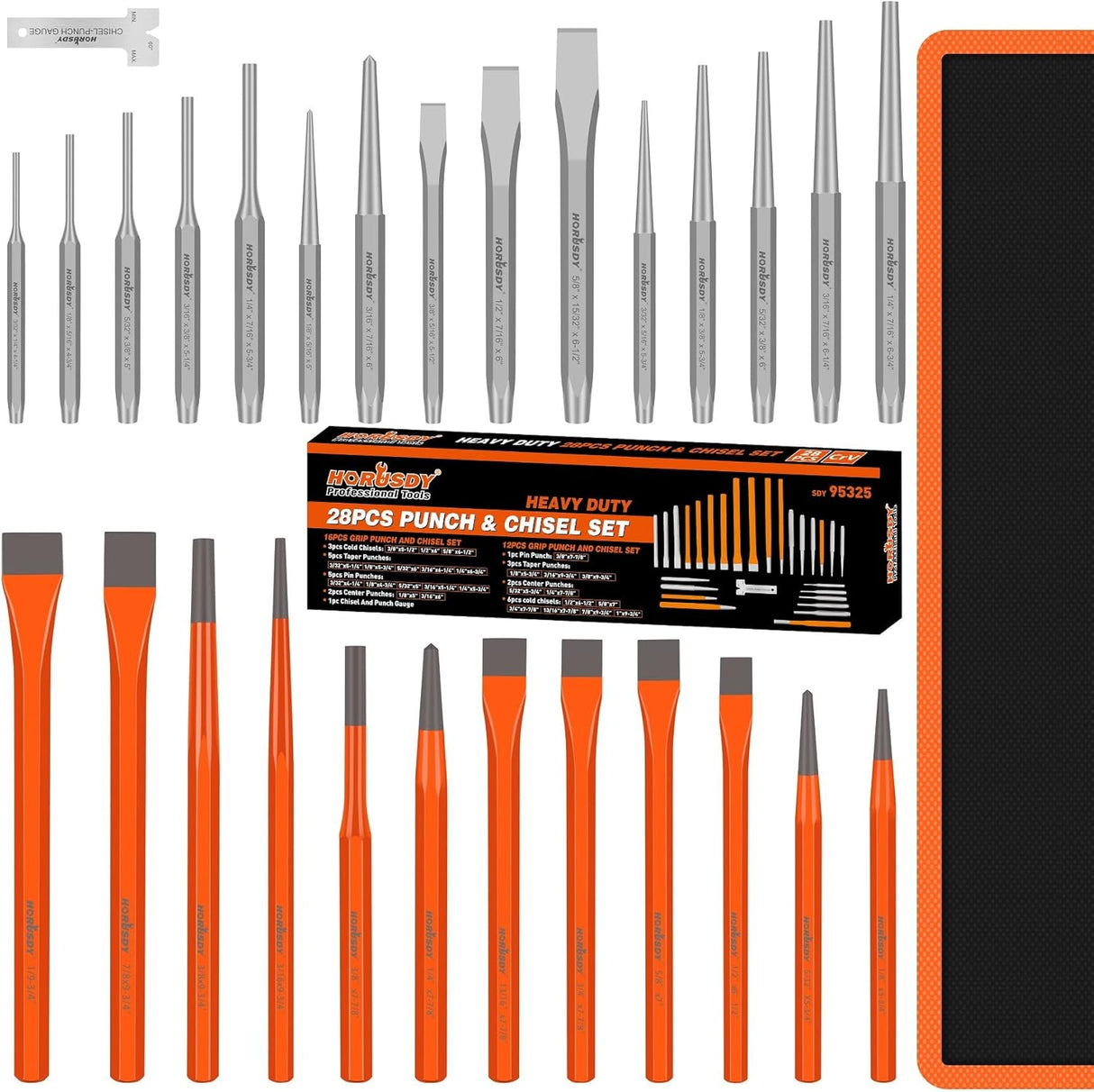 HORUSDY 28-piece punch and chisel set with heavy-duty CR-V steel construction, chisel angle gauge, and durable roll-up canvas pouch.