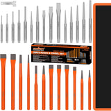 HORUSDY 28-piece punch and chisel set with heavy-duty CR-V steel construction, chisel angle gauge, and durable roll-up canvas pouch.