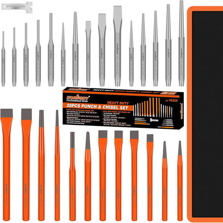 HORUSDY 28-piece punch and chisel set with heavy-duty CR-V steel construction, chisel angle gauge, and durable roll-up canvas pouch.
