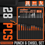 HORUSDY 28-piece punch and chisel set with heavy-duty CR-V steel construction, chisel angle gauge, and durable roll-up canvas pouch.