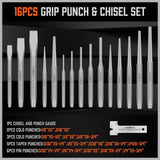 HORUSDY 28-piece punch and chisel set with heavy-duty CR-V steel construction, chisel angle gauge, and durable roll-up canvas pouch.
