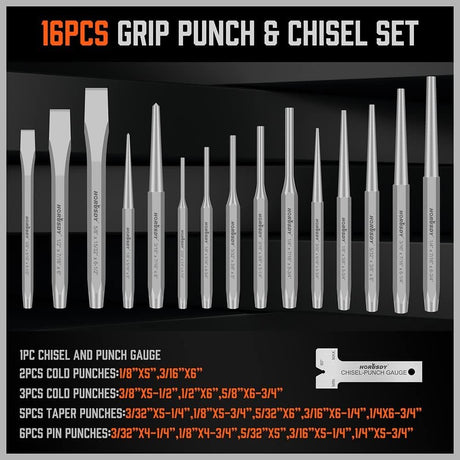 HORUSDY 28-piece punch and chisel set with heavy-duty CR-V steel construction, chisel angle gauge, and durable roll-up canvas pouch.