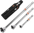 HORUSDY 3-piece breaker bar set with 1/4", 3/8", 1/2" drive flex-head handles, chrome polished alloy steel, 180° rotation, and heavy-duty storage bag.