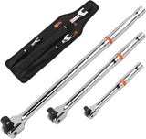 HORUSDY 3-piece breaker bar set with 1/4", 3/8", 1/2" drive flex-head handles, chrome polished alloy steel, 180° rotation, and heavy-duty storage bag.