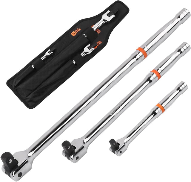 HORUSDY 3-piece breaker bar set with 1/4", 3/8", 1/2" drive flex-head handles, chrome polished alloy steel, 180° rotation, and heavy-duty storage bag.