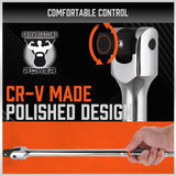 HORUSDY 3-piece breaker bar set with 1/4", 3/8", 1/2" drive flex-head handles, chrome polished alloy steel, 180° rotation, and heavy-duty storage bag.