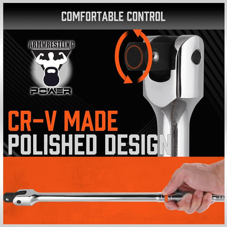 HORUSDY 3-piece breaker bar set with 1/4", 3/8", 1/2" drive flex-head handles, chrome polished alloy steel, 180° rotation, and heavy-duty storage bag.