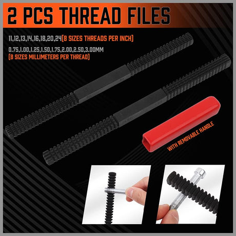 HORUSDY 48-piece rethreading tool set with SAE and metric taps, dies, thread files, and storage case