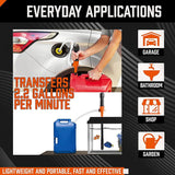 HORUSDY battery-operated liquid transfer pump with flexible hose and 2.2 gallons per minute suction for gas, water, and non-corrosive fluids