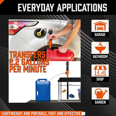HORUSDY battery-operated liquid transfer pump with flexible hose and 2.2 gallons per minute suction for gas, water, and non-corrosive fluids