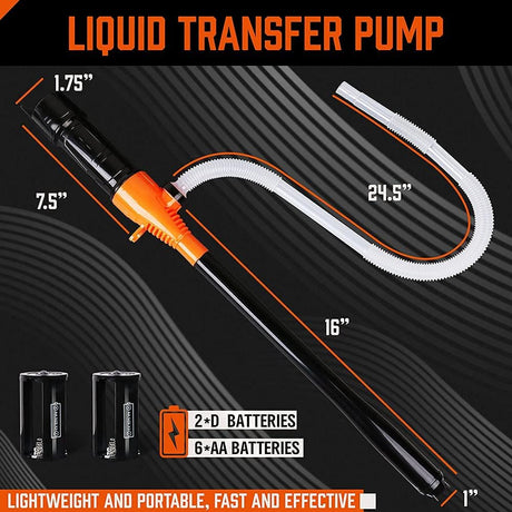 HORUSDY battery-operated liquid transfer pump with flexible hose and 2.2 gallons per minute suction for gas, water, and non-corrosive fluids