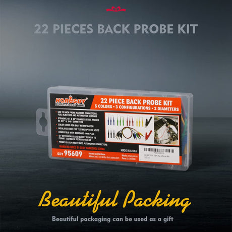 22-piece multicolor back probe kit with 4mm banana plugs and alligator clip test leads for multimeter and automotive diagnostic testing.