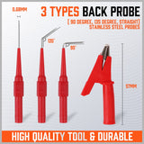 22-piece multicolor back probe kit with 4mm banana plugs and alligator clip test leads for multimeter and automotive diagnostic testing.