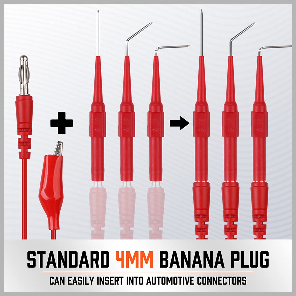 22-piece multicolor back probe kit with 4mm banana plugs and alligator clip test leads for multimeter and automotive diagnostic testing.