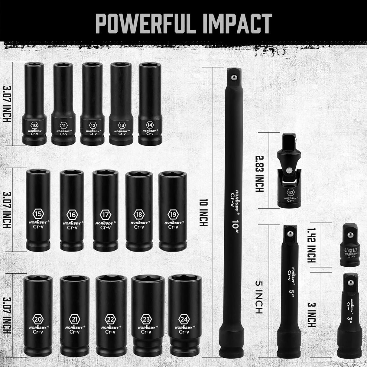 HORUSDY 20-piece 1/2 inch drive deep impact socket set with metric sizes from 10mm to 24mm, CR-V steel, storage case, extension bars, and universal joint.