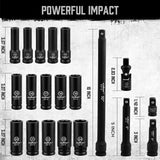 HORUSDY 20-piece 1/2 inch drive deep impact socket set with metric sizes from 10mm to 24mm, CR-V steel, storage case, extension bars, and universal joint.