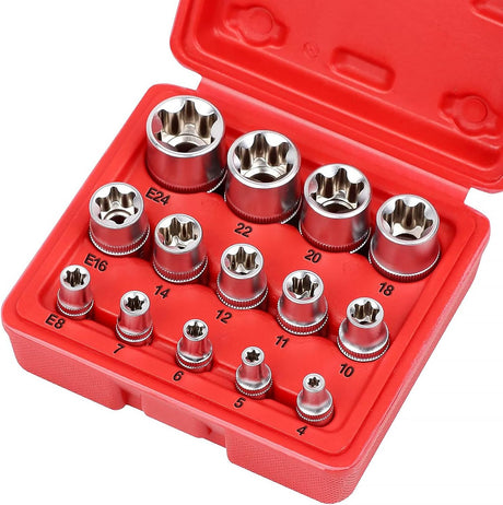 SEDY 14PCS E Torx Star Female Bit Socket Set with 1/4", 3/8", and 1/2" Drive in Red Storage Case