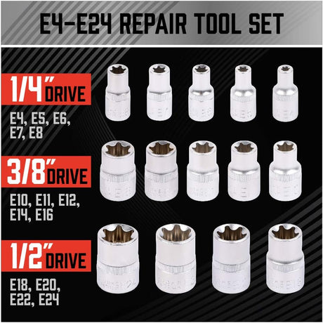 SEDY 14PCS E Torx Star Female Bit Socket Set with 1/4", 3/8", and 1/2" Drive in Red Storage Case